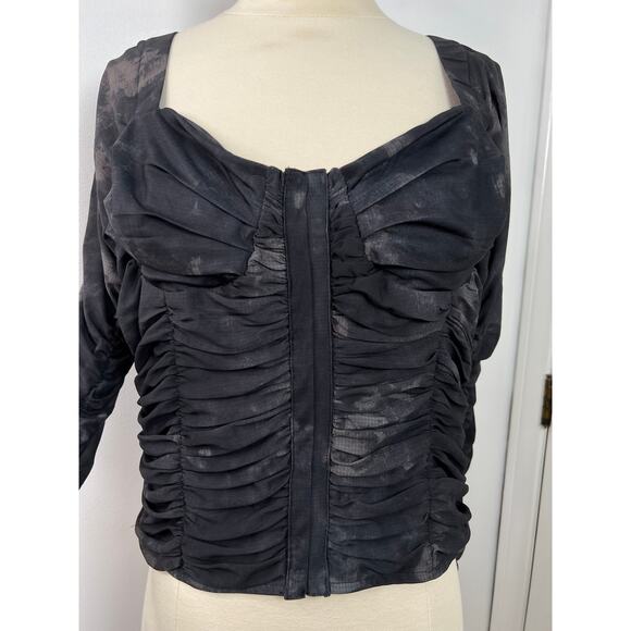 Free People NWT All Night Black Combo Sheer Long Sleeves Ruched Blouse Size XL - Picture 5 of 16